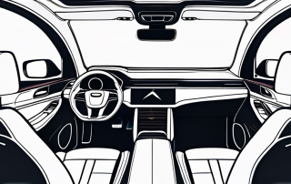 Innenraum eines Fahrzeugs mit Sicherheitsmerkmalen wie Sicherheitsgurten, Airbags und fortschrittlichen Steuersystemen zur Betonung des Fahrerschutzes.