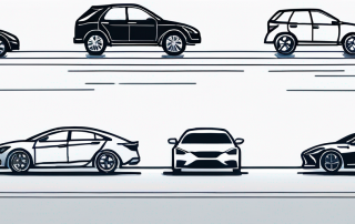 Verschiedene Fahrzeugtypen wie Autos und Motorraeder auf einer breiten, sauberen Strasse, betonen Versicherungsschutz, Sicherheit, Legalitaet und finanzielle Sicherheit unter klarem Himmel. Ideal fuer verantwortungsvollen Fahrzeugbesitz.