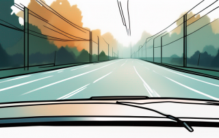 Nahaufnahme einer Windschutzscheibe mit Steinschlag oder leichtem Riss vor unscharfer Strasse und Landschaft, betont die Sicht beim Fahren.