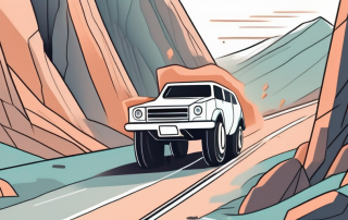 A car driving through a mountainous terrain with a protective shield deflecting falling rocks