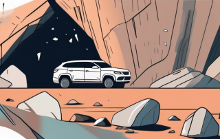 A car parked under a rocky cliff with a protective cover on it