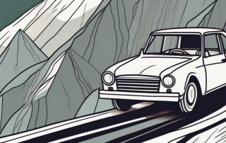 A car driving on a mountainous road with visible cracks on the windshield due to a rockfall
