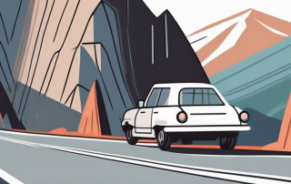 A car driving along a mountainous road with safety barriers