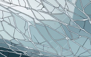 Nahaufnahme einer Windschutzscheibe mit einer kleinen, klaren Einschlagstelle und komplexen Rissen, die typische Steinschlagschaeden zeigen.