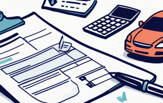 Autoversicherungsunterlagen mit Haeckchen und Kreuzen, die richtige und falsche Optionen darstellen, neben Klemmbrett, Stift und Taschenrechner zur Planung und Analyse der passenden Autoversicherung.