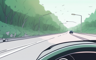 Auto fährt auf Autobahn mit beschädigter Windschutzscheibe durch Steinschlag, unscharfe Umgebung betont Bewegung.