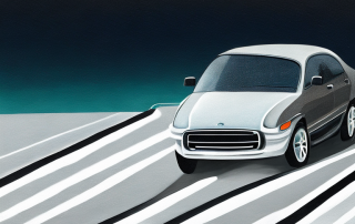 Nahaufnahme Windschutzscheibe mit kleinem Steinschlag, makelloses Auto auf klarer, gefahrloser Strasse.