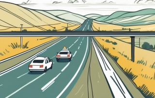 Bild zeigt eine landschaftliche Autofahrt in einer ländlichen Gegend, die verschiedene Verkehrssituationen hervorhebt und sichere Fahrpraktiken zur Vermeidung von Windschutzscheibenschaeden demonstriert.