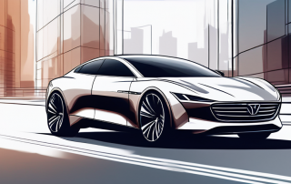 Nahaufnahme eines modernen, eleganten Autos mit polierter Oberflaeche und raffinierten Designmerkmalen vor unscharfem staedtischem Hintergrund, betont Luxus und Sicherheit.