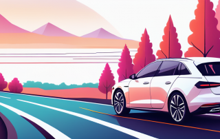 Elegantes, modernes Auto im Vordergrund auf einer malerischen, von Baeumen gesaeumten Strasse, die den Weg fuer sichere und effiziente Kfz-Versicherung symbolisiert, mit weichem Fokus und lebendigen Farben, die Leichtigkeit und Vertrauen durch Kenntnis der besten Versicherungstipps darstellen.