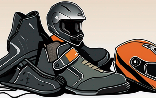 Motorradsicherheitsausruestung wie Helme, Jacken, Handschuhe und Stiefel vor unauffaelligem Hintergrund zur Betonung der Schutzfunktion.