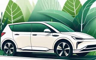 Oekofreundliches Auto umgeben von ueppigem Gruen, betont Harmonie zwischen fortschrittlichen Sicherheitsfunktionen und Umweltbewusstsein.