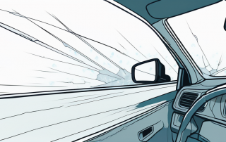 Nahaufnahme einer gesprungenen Windschutzscheibe, betont die Dringlichkeit einer schnellen Reparatur fuer die Sicherheit des Fahrers und die Integritaet des Fahrzeugs.