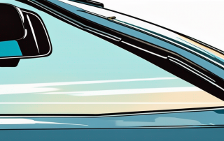 Nahaufnahme des Rueckspiegels eines Autos mit Reflexion des klaren blauen Himmels, umgeben vom polierten Aeusseren des Autos; Schreibtisch mit Laptop, Autoschluesseln und Versicherungsdokumenten.