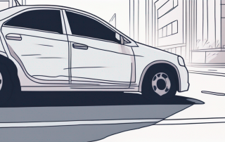 Nahaufnahme einer eingedellten Autotuer, zeigt Folgen unzureichender Kfz-Versicherung, mit unscharfem Hintergrund einer belebten Strasse.