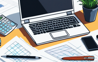 Schreibtisch mit Laptop Grafiken, Notizblock, Taschenrechner, Autoschluessel und Modellautos, Thema Kfz-Versicherung in modernem Buero.