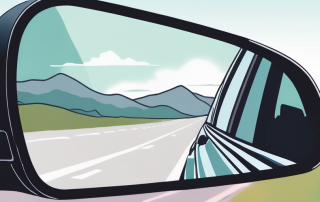 Seitenspiegel eines Autos zeigt eine malerische Strasse, betont die Bedeutung von Kfz-Versicherung durch klare Sicht und vorausschauende Planung, unscharfer Hintergrund symbolisiert durchdachte Entscheidungsfindung.