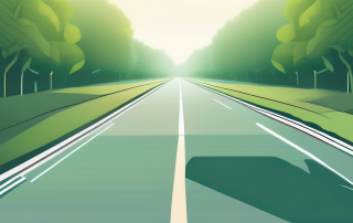 Ruhige, offene Strasse umgeben von gruenem Laub und sanftem Sonnenlicht, symbolisiert sicheres Fahren fuer Senioren mit modernen Fahrassistenzsystemen.