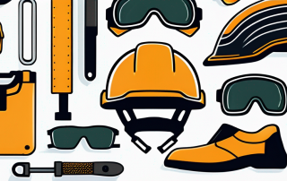 Sicherheitsausruestung fuer Transportunternehmen mit Helmen, Warnwesten und Schutzhandschuhen auf einem sauberen Arbeitsplatz