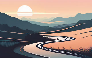 Landschaft mit gewundener Strasse bei Sonnenaufgang- oder untergang, die die geistige Reise zur Sicherheit beim Fahren symbolisiert.