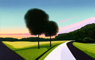 Pittoreske Strasse bei Sonnenuntergang mit gruenen Feldern und modernem Auto.