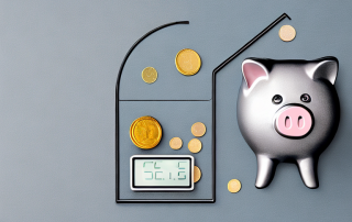 Sparschwein und Finanzsymbole wie Muenzen, Taschenrechner und Grafiken zur Darstellung von Versicherungsstrategien.