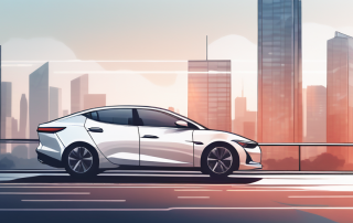 Moderner, eleganter Wagen mit verschwommenem Stadthintergrund symbolisch fuer urbanes Fahren und Versicherungsschutz, inklusive Grafiken zu Bewertungen und Vergleichen fuehrender Versicherungsanbieter.