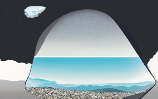 Windschutzscheibe mit Steinschlag und landschaftlicher Strasse mit Kieselsteinen im Hintergrund.