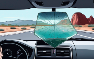 Nahaufnahme einer Windschutzscheibe mit einem kleinen, deutlichen Steinschlag, unscharfer Hintergrund mit Strasse und Landschaft, Autoglas-Reparaturwerkzeuge nebenbei.