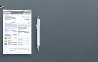 Autoscheibe mit Steinschlag, Schadensformular, Stift und Versicherungskontaktdaten anzeigen.