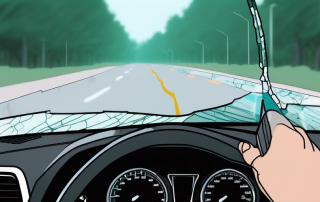 Windshield mit sichtbaren Rissen und Verzerrungen nach fehlerhafter DIY Steinschlagreparatur vor unscharfer Strassenansicht, zeigt Gefahren bei der Fahrt.