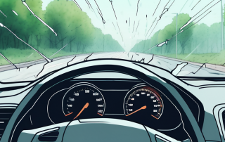 Nahaufnahme einer Windschutzscheibe mit Rissen und Schrammen, verschwommener Hintergrund mit Strasse und Gruenflaeche, Armaturenbrett sichtbar, aus Fahrerperspektive.