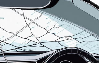 Nahaufnahme einer Autowindschutzscheibe mit sichtbaren Beschädigungen, Schutzmassnahmen und präventiven Produkten wie Beschichtungen und Laminaten.