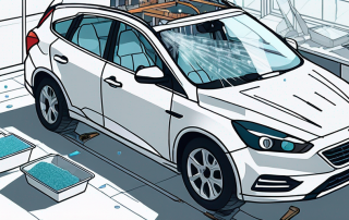 Autoscheibe wird mit schutzfolie in professioneller Werkstatt gegen Steinschlag beschichtet, umgeben von Werkzeugen