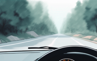 Klare, makellose Windschutzscheibe mit unsichtbarer Schutzfolie und Symbolen fuer Staerke und Widerstandsfähigkeit gegen Elemente wie Steine und Schutt, vor unscharfem Strassenhintergrund.