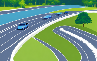 Auto auf Autobahn von Gruen und blauem Himmel umgeben, symbolisiert sichere und stressfreie Fahrt.