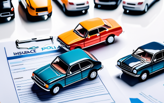 Verschiedene Kfz-Versicherungspolicen neben Miniatur-Automodellen zur Betonung des Vergleichs fuer die beste Versicherung.