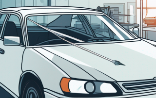 Schutzfolie wird auf Autowindschutzscheibe in Werkstatt mit Fokus auf Werkzeuge und Ausruestung angebracht.