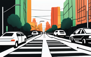 Ruhige staedtische Umgebung mit breiten, deutlich markierten Fahrspuren und sanften Farbnuancen von Ampeln, die einen stressfreien Fahrerlebnis in der Stadt suggerieren, mit strategisch platzierten Verkehrssignalen und Fussgaengerueberwegen fuer Sicherheit und Effizienz.