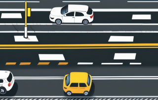 Verkehrszeichen und Ampeln an einer gut gepflegten Stadtstrasse, betonen die Wichtigkeit von Verkehrsregeln zur Erhoehung der Sicherheit, mit deutlichen Markierungen fuer Fahrspuren und Fussgaengerueberwege.