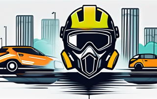 Bild zeigt eine Auswahl an Strassensicherheitsausruestung wie Helme, Warnwesten und Sicherheitsbarrieren fuer sicheres Fahren.