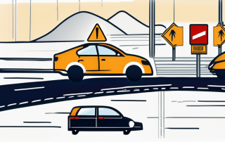 Verkehrssicherheitselemente wie Verkehrsschilder, Helme und Sicherheitsgurte, Schutzbarrieren und Airbags zur Betonung der Fahrersicherheit.