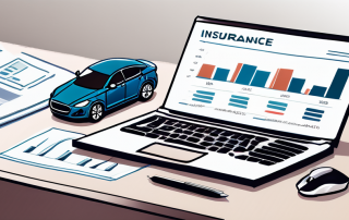 Ordentlich angeordneter Schreibtisch mit Autoversicherungsdokumenten, Taschenrechner, Laptop mit Vergleichsdiagrammen zu Versicherungsangeboten und kleinem Modellauto zur Symbolisierung gruendlicher Recherche zur Versicherungsoptimierung.