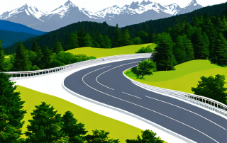 malerische strasse mit auto durch baeume und berge fuer versicherungswahl