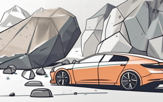 A car parked under a protective cover with falling stones in the background