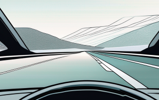 Steinschlagschutz Windschutzscheibe mit hochwertigem Rahmen und verschwommener Strassenhintergrund beim Fahren.