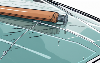 Nahaufnahme einer klaren Windschutzscheibe mit kleinen Steinschlaegen und Rissen, neben professionellen Reparaturwerkzeugen fuer Windschutzscheiben.