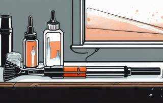 Werkzeuge und Produkte fuer schnelle Steinschlagreparatur an Windschutzscheibe, inklusive Harz, Haertungslampe und Auftragswerkzeug, ordentlich auf Werkbank präsentiert.