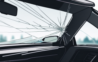 Nahaufnahme einer Windschutzscheibe mit deutlichem Riss, scharfe Linien und klare Bruchstellen auf transparentem Glas, unscharfer Hintergrund.