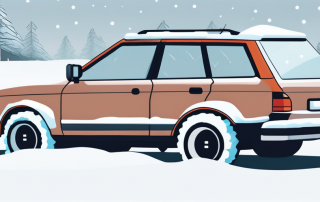 Auto mit Winterreifen vor verschneiter Landschaft, Fokus auf Sicherheitsmerkmale und frostbestaendige Materialien, Winterfahrzubehoer wie Frostschutzmittel und Eiskratzer sichtbar.